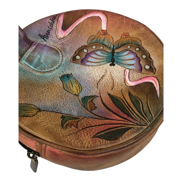 Vintage Anuschka painted leather small round handbag butterflies and flowers - Picture 5 of 11
